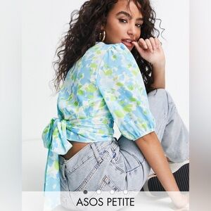 Brand New ASOS Petite Blue Floral Wrap Top Size 2